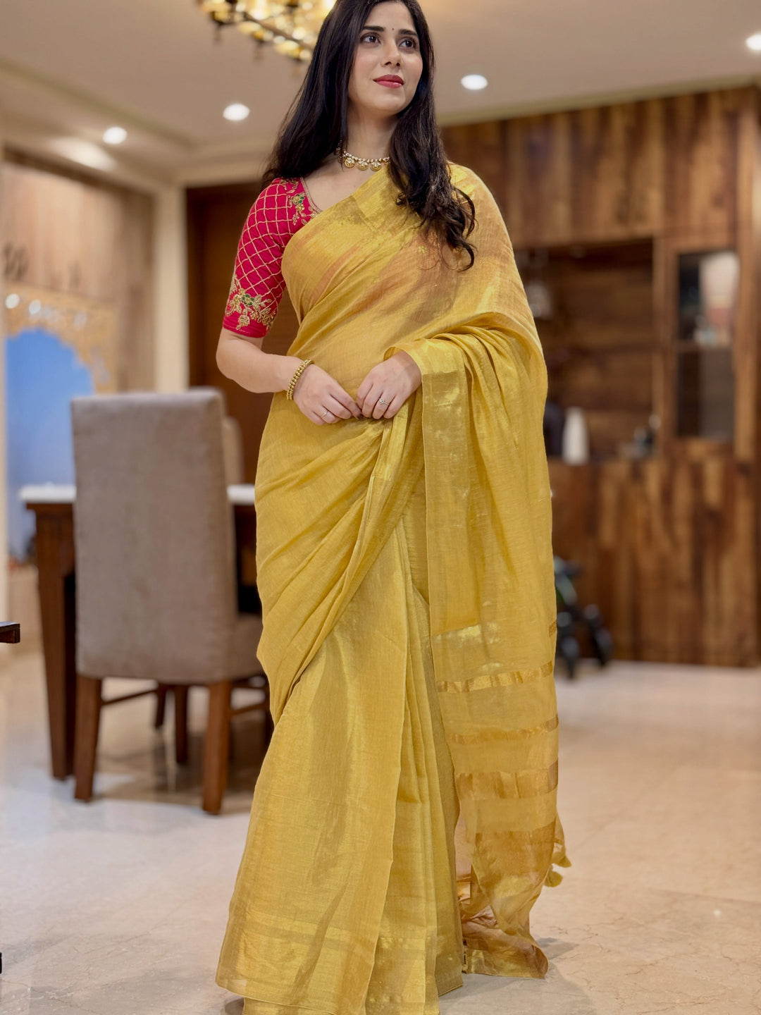 Royal Gold Kasavu Saree with Shimmer Zari Weave, Statement Pallu & Tassels on Edges, Comes With Attached Blouse Piece