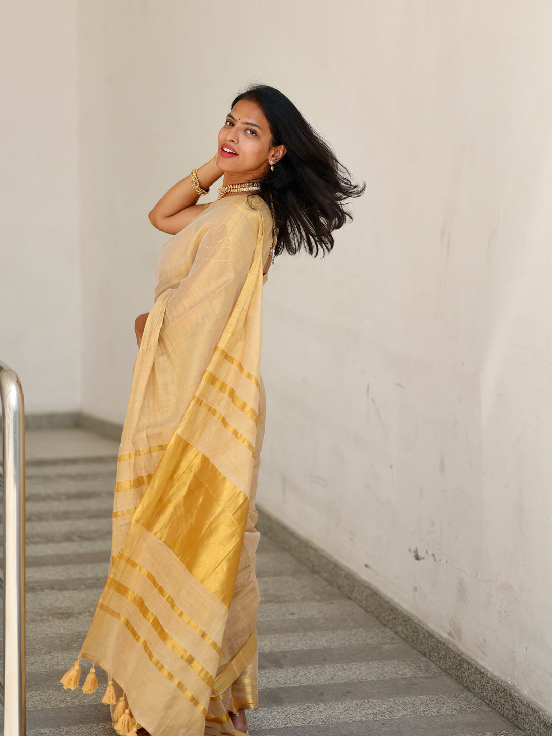 Royal Gold Kasavu Saree with Shimmer Zari Weave, Statement Pallu & Tassels on Edges, Comes With Attached Blouse Piece
