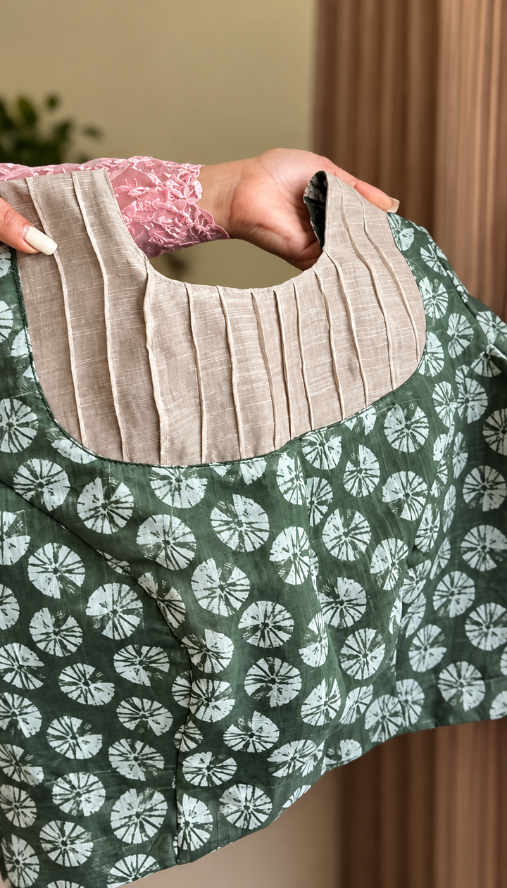 Olive Green & Beige Mul Cotton Saree with Floral Print, Mirror Work & Arco Scalloped Border
