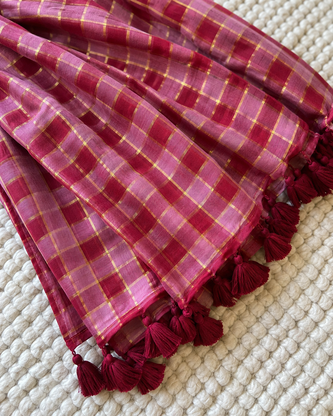 Rani Pink & Maroon Madras Checkered Mul Cotton Saree with Gold Zari Lines, Tassels & Blouse Piece