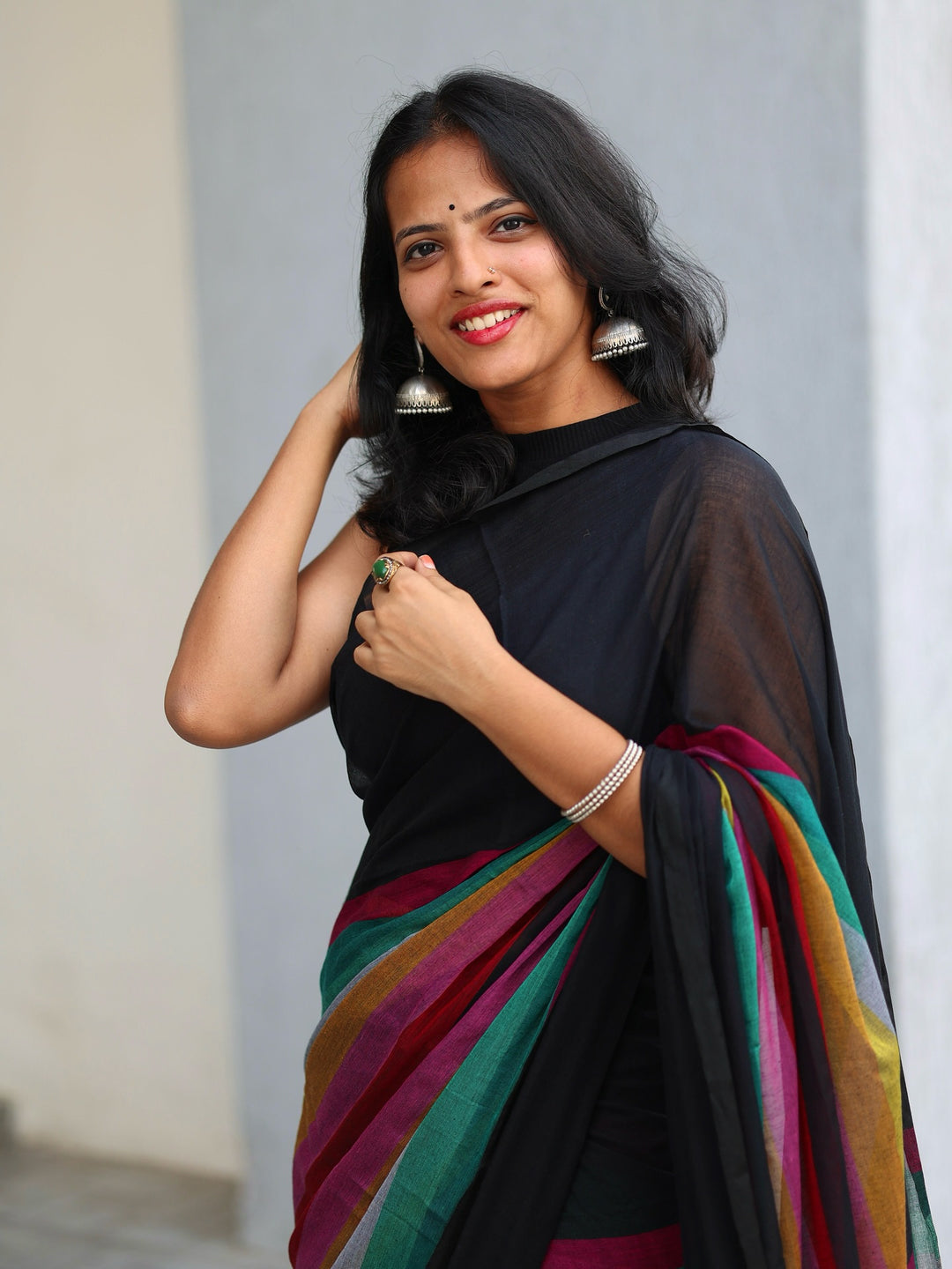 Black Mul Cotton Saree with Multicolour Striped Checkered Pallu, Tassel Edges & Attached Blouse Piece