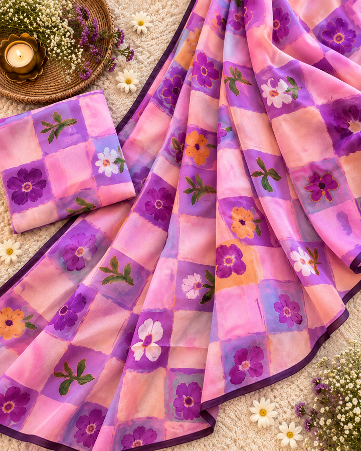 Lavender Pink Chinnon Saree with Artistic Floral Check Print & Attached Blouse Piece