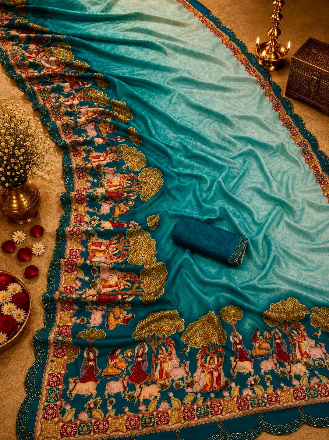 Turquoise Blue Modal Silk Traditional Village Print Saree with Swarovski Scalloped Border & Blouse Piece