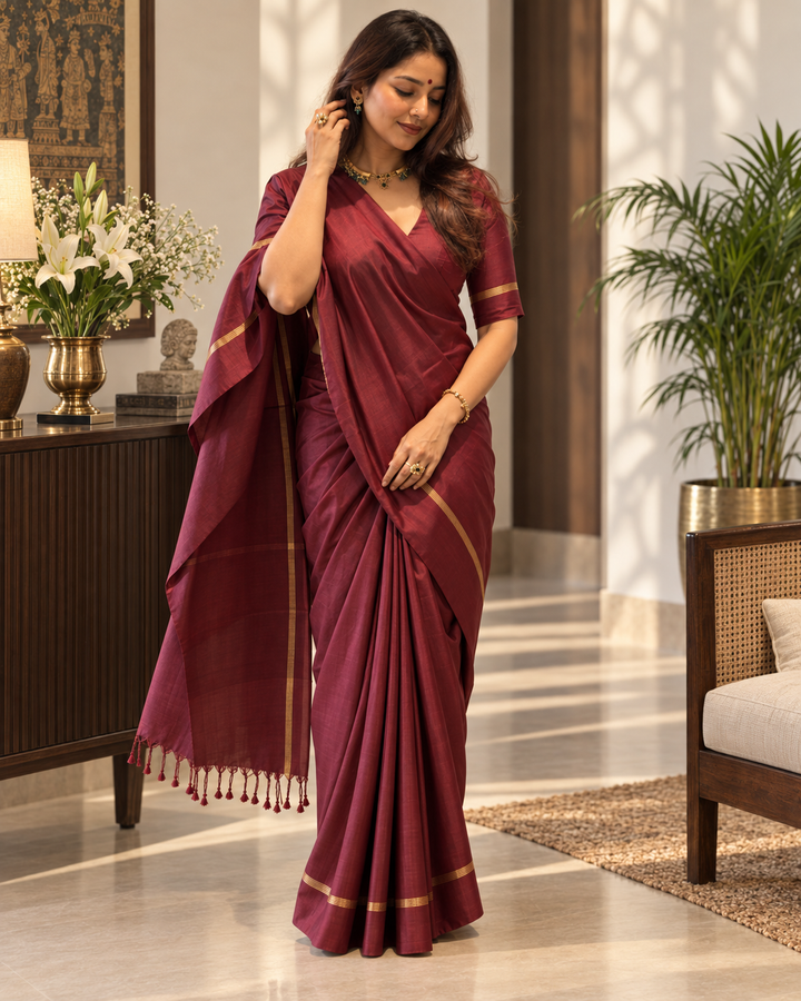 Royal Wine Pure Kanjivaram Silk Saree with Traditional Zari Weave & Attached Blouse Piece