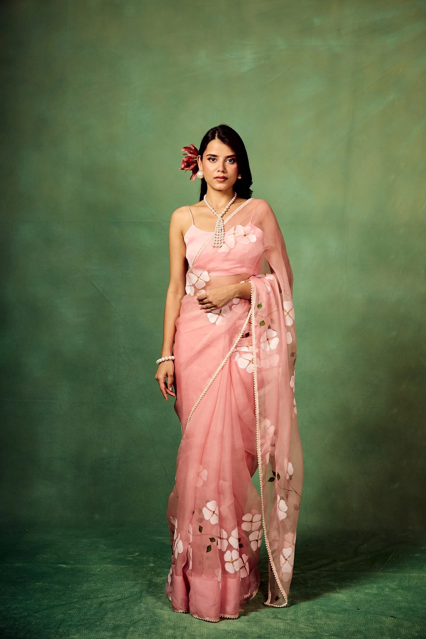 Blush Pink Pure Organza Saree with Hand-Painted White Floral Motifs & Sequin Accents | Satin Blouse