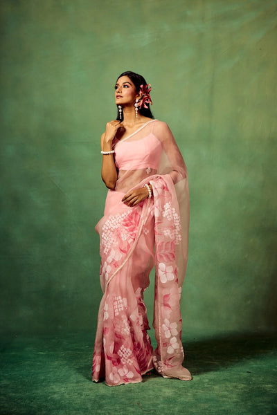 Rose Pink Pure Organza Saree with Hand-Painted Multi-Floral Motifs & Sequin Highlights | Satin Blouse