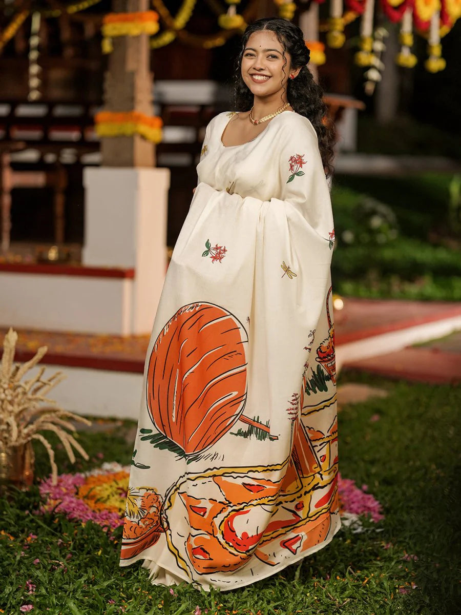 Onam Special Off White Mul Cotton Saree with Kerala Festive Illustration Print & Running Blouse
