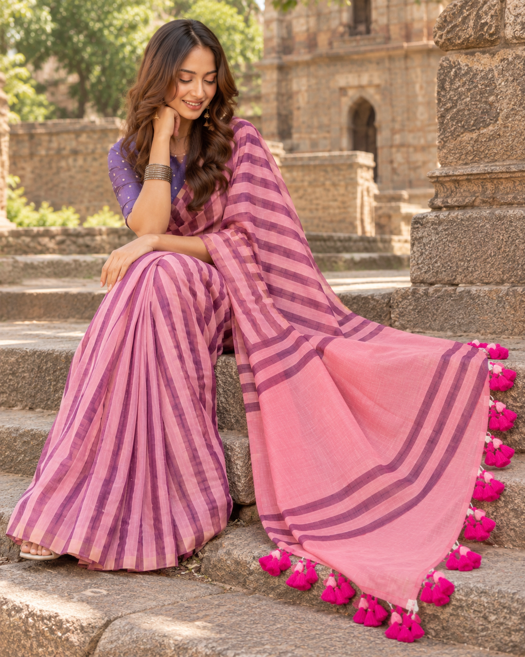 Handloom Erode Shimmer Pink & Purple Striped Saree with Contrast Pallu & Tassels