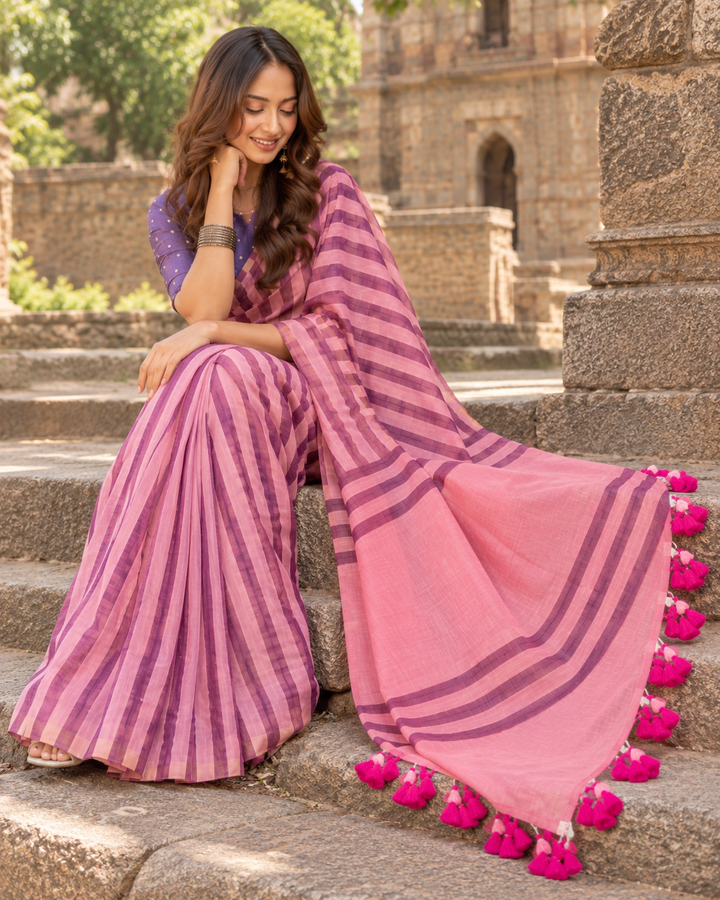 Handloom Erode Shimmer Pink & Purple Striped Saree with Contrast Pallu & Tassels