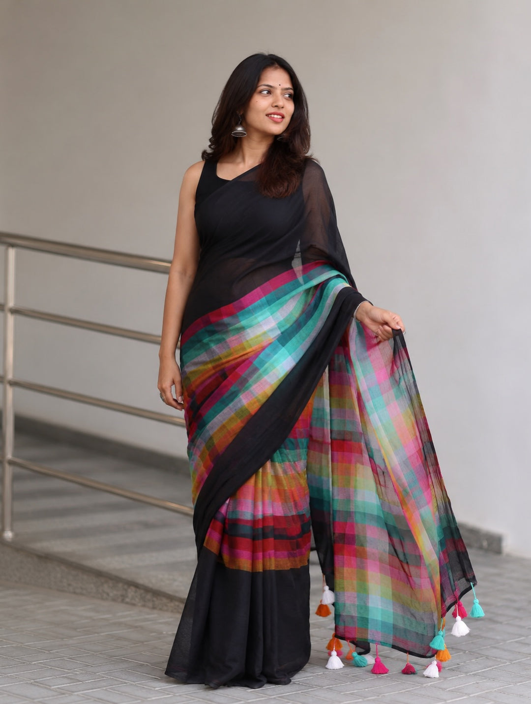Black Mul Cotton Saree with Multicolour Striped Checkered Pallu, Tassel Edges & Attached Blouse Piece