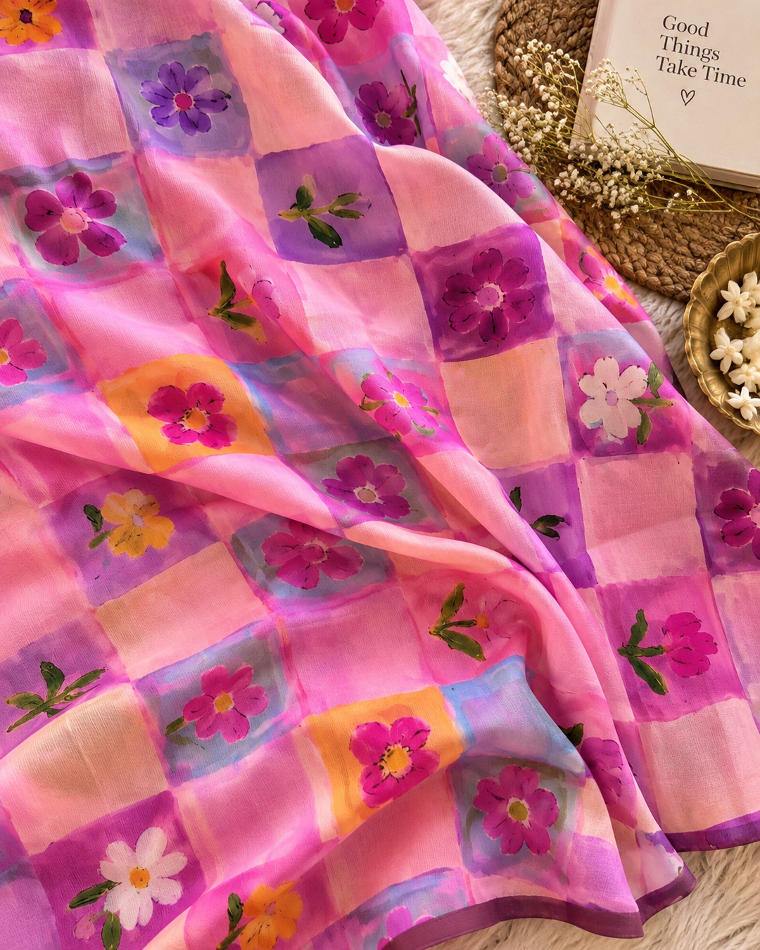 Blush Pink Chinnon Saree with Multicolour Floral Check Print & Attached Blouse Piece