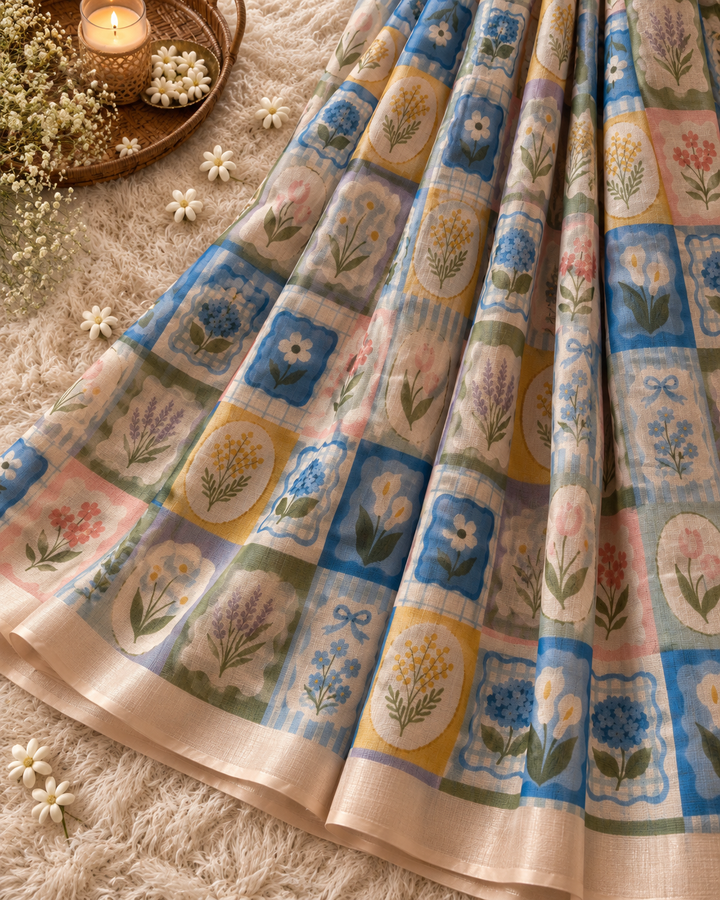 Bloom & Check Chinnon Saree with Multicolour Floral Patchwork Print & Attached Blouse Piece