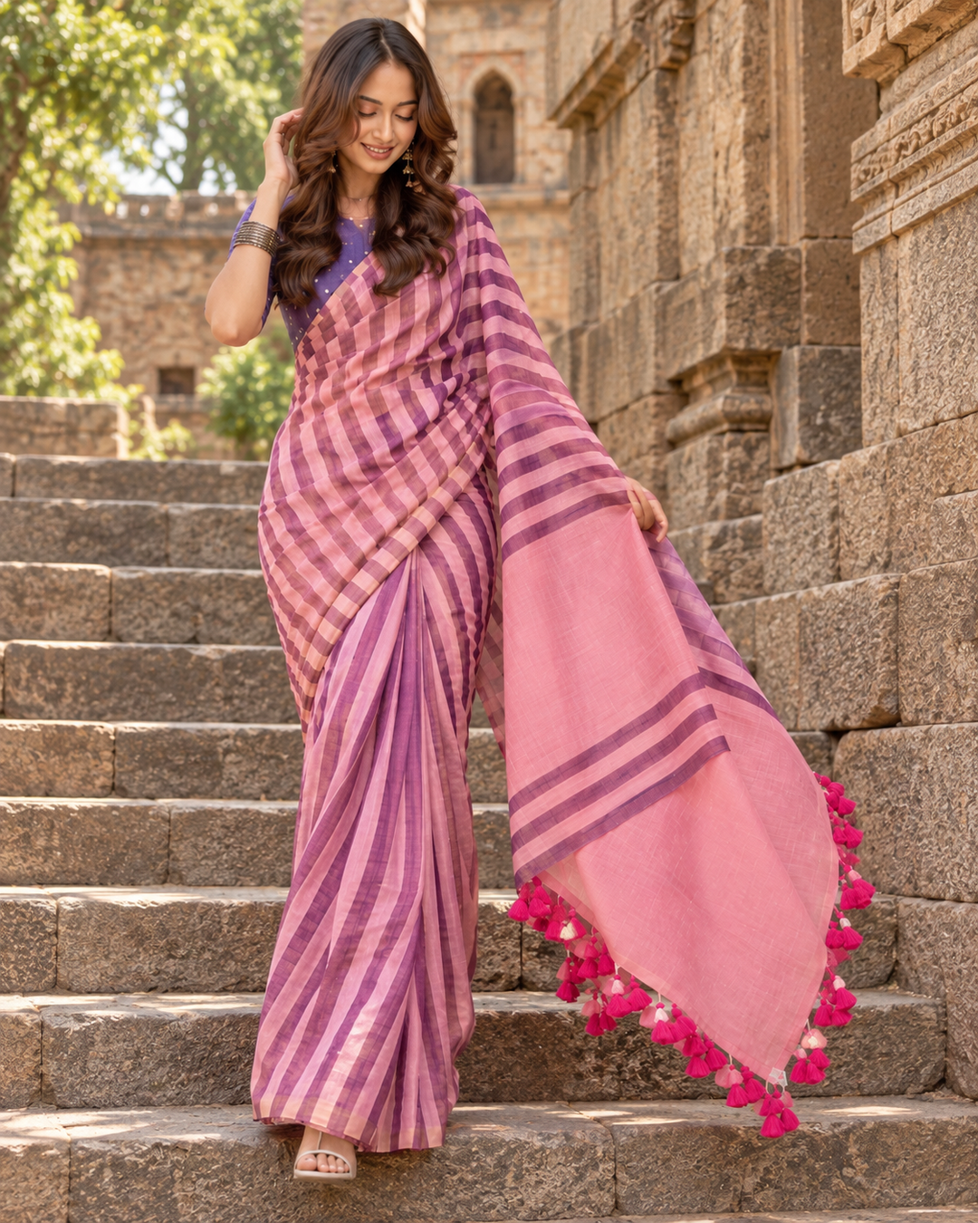 Handloom Erode Shimmer Pink & Purple Striped Saree with Contrast Pallu & Tassels