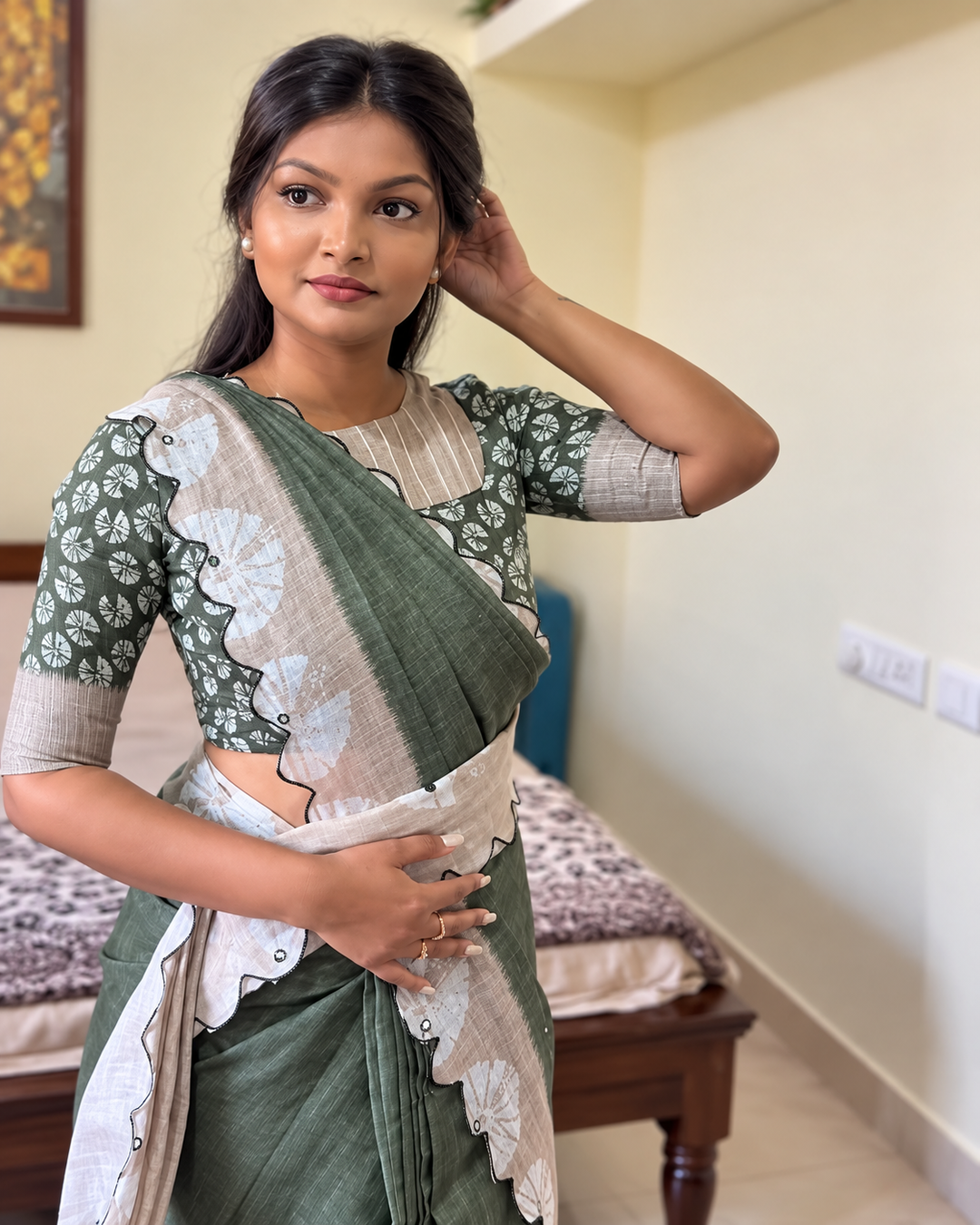 Olive Green & Beige Mul Cotton Saree with Floral Print, Mirror Work & Arco Scalloped Border