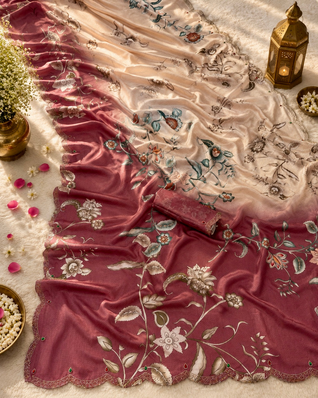 Rose Mauve & Ivory Modal Silk Floral Printed Saree with Swarovski Scalloped Border & Blouse Piece