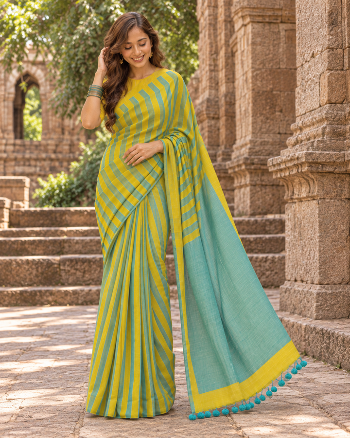 Handloom Erode Shimmer Saree with Dual-Tone Stripes, Contrast Pallu & Tassels