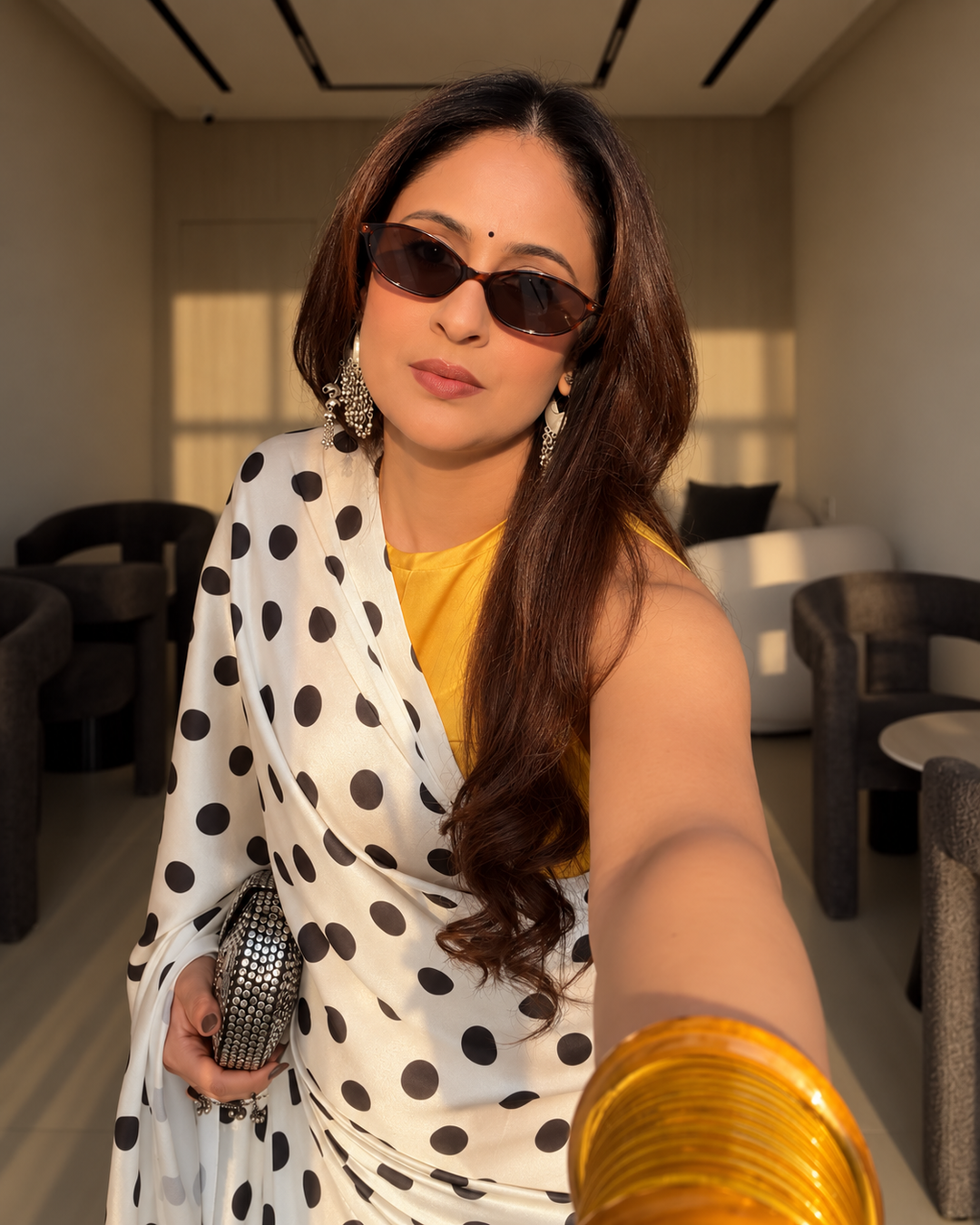 Ivory Black Polka Dot Satin Saree with Contrast Golden Draping & Attached Blouse Piece