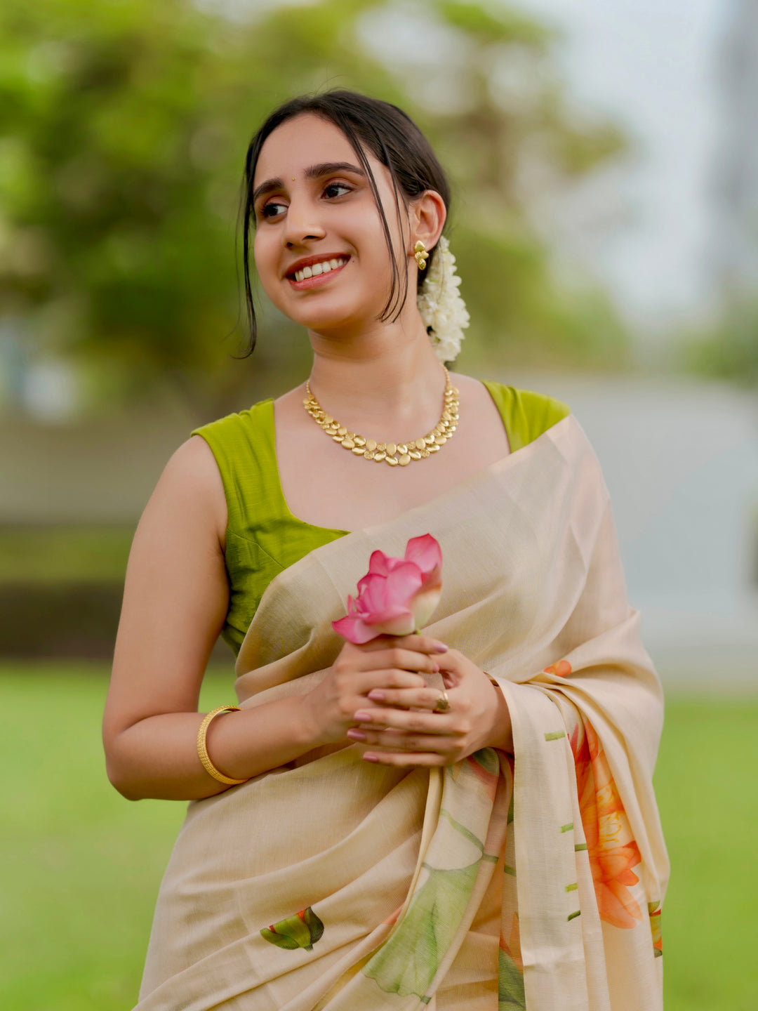 Royal Kasavu Lotus Print Saree with Shimmer Zari Weave, Statement Pallu & Tassels on Edges, Comes With Attached Blouse Piece