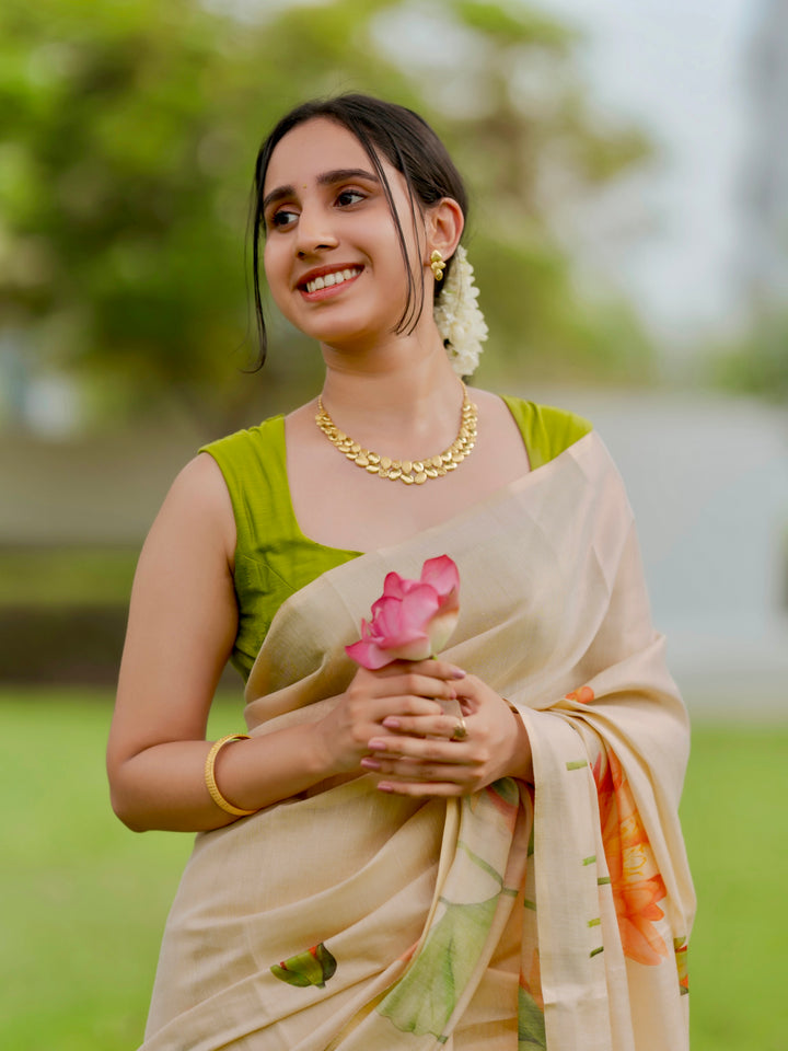 Royal Kasavu Lotus Print Saree with Shimmer Zari Weave, Statement Pallu & Tassels on Edges, Comes With Attached Blouse Piece