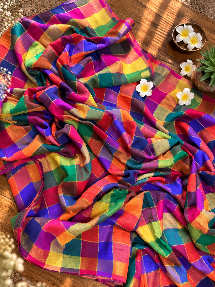 Vibrant Multicolour Madras Checkered Mul Cotton Saree with Tassels & Attached Blouse Piece