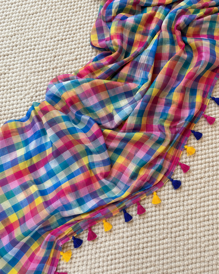 Multicolour Madras Checkered Mul Cotton Saree with Colourful Tassels & Attached Blouse Piece