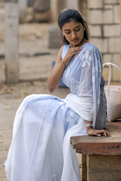 Sky Blue Pure Georgette Hand-Painted Saree with White Floral Motifs and Sequins | Modal Satin Blouse