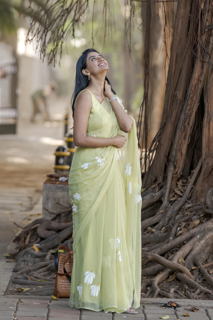 Pistachio Green Chiffon Saree with White Floral Design | Lightweight Designer Saree with Blouse Piece