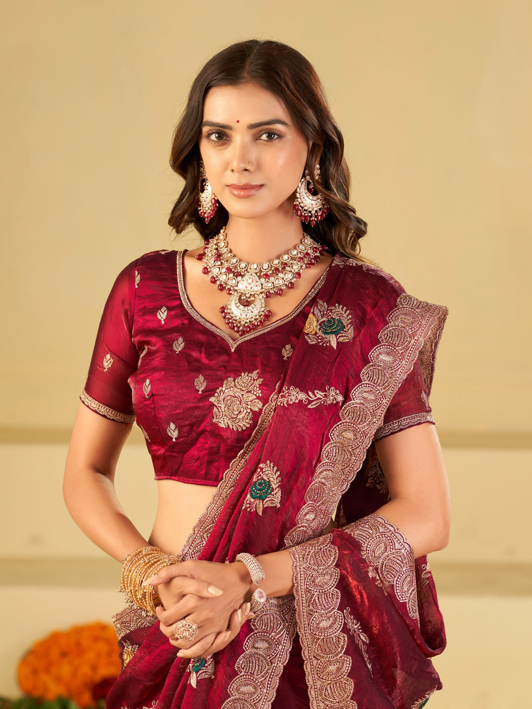 Wine Maroon Designer Fendy Satin Saree with Floral Embroidery Work | Premium Festive & Wedding Wear Embroidered Saree with Blouse
