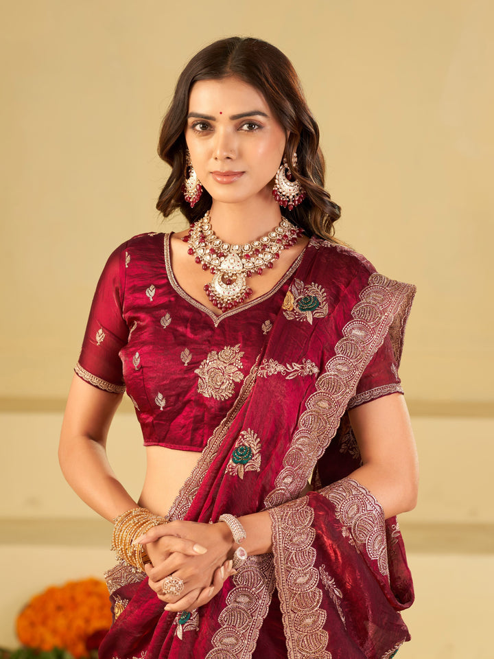 Wine Maroon Designer Fendy Satin Saree with Floral Embroidery Work | Premium Festive & Wedding Wear Embroidered Saree with Blouse