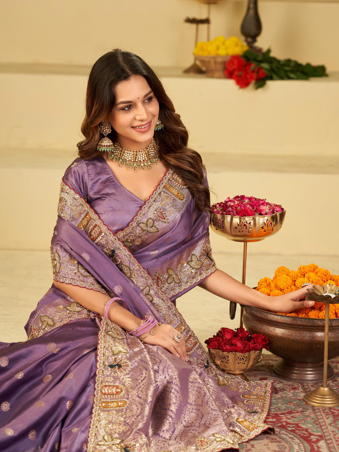 Lavender Purple Banarasi Silk Saree with Floral Embroidered Border & Rich Zari Woven Pallu | Designer Wedding Festive Saree