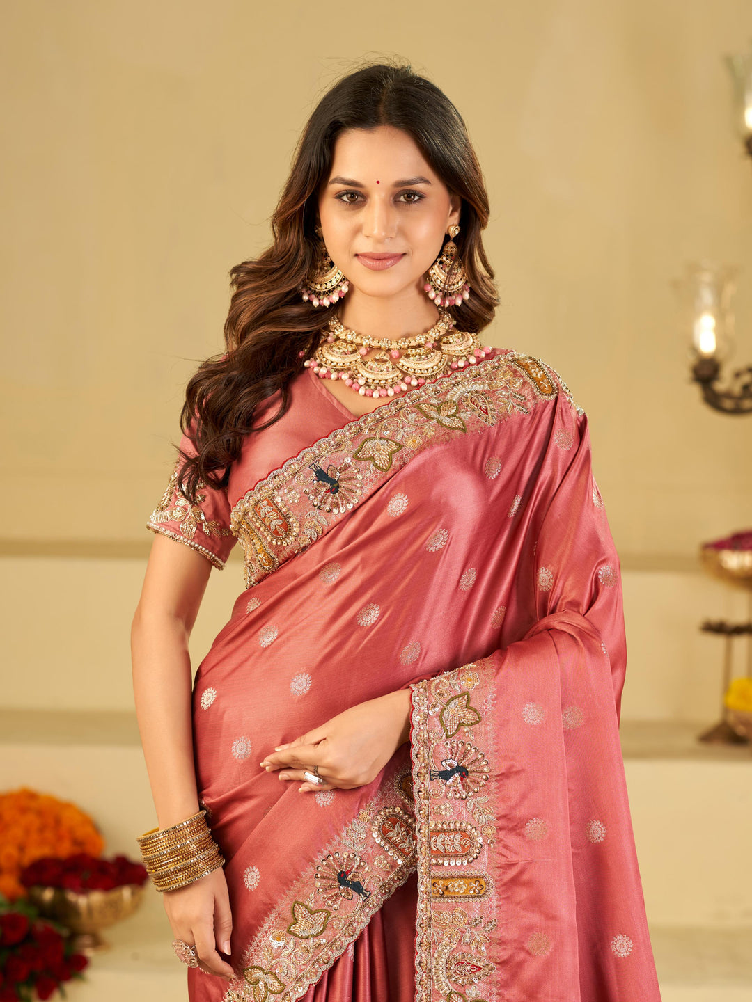 Rose Pink Banarasi Silk Saree with Floral Embroidered Border & Rich Zari Woven Pallu | Designer Wedding Festive Saree