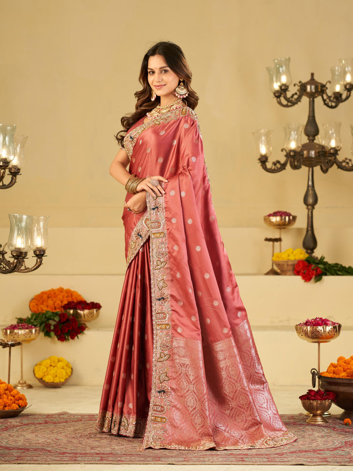 Rose Pink Banarasi Silk Saree with Floral Embroidered Border & Rich Zari Woven Pallu | Designer Wedding Festive Saree