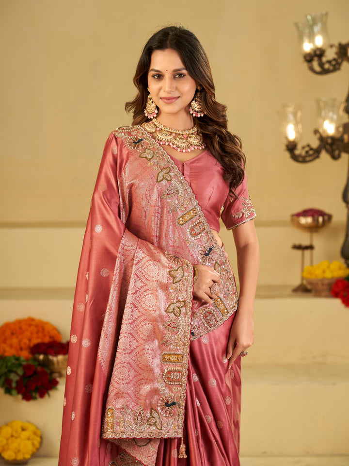 Rose Pink Banarasi Silk Saree with Floral Embroidered Border & Rich Zari Woven Pallu | Designer Wedding Festive Saree