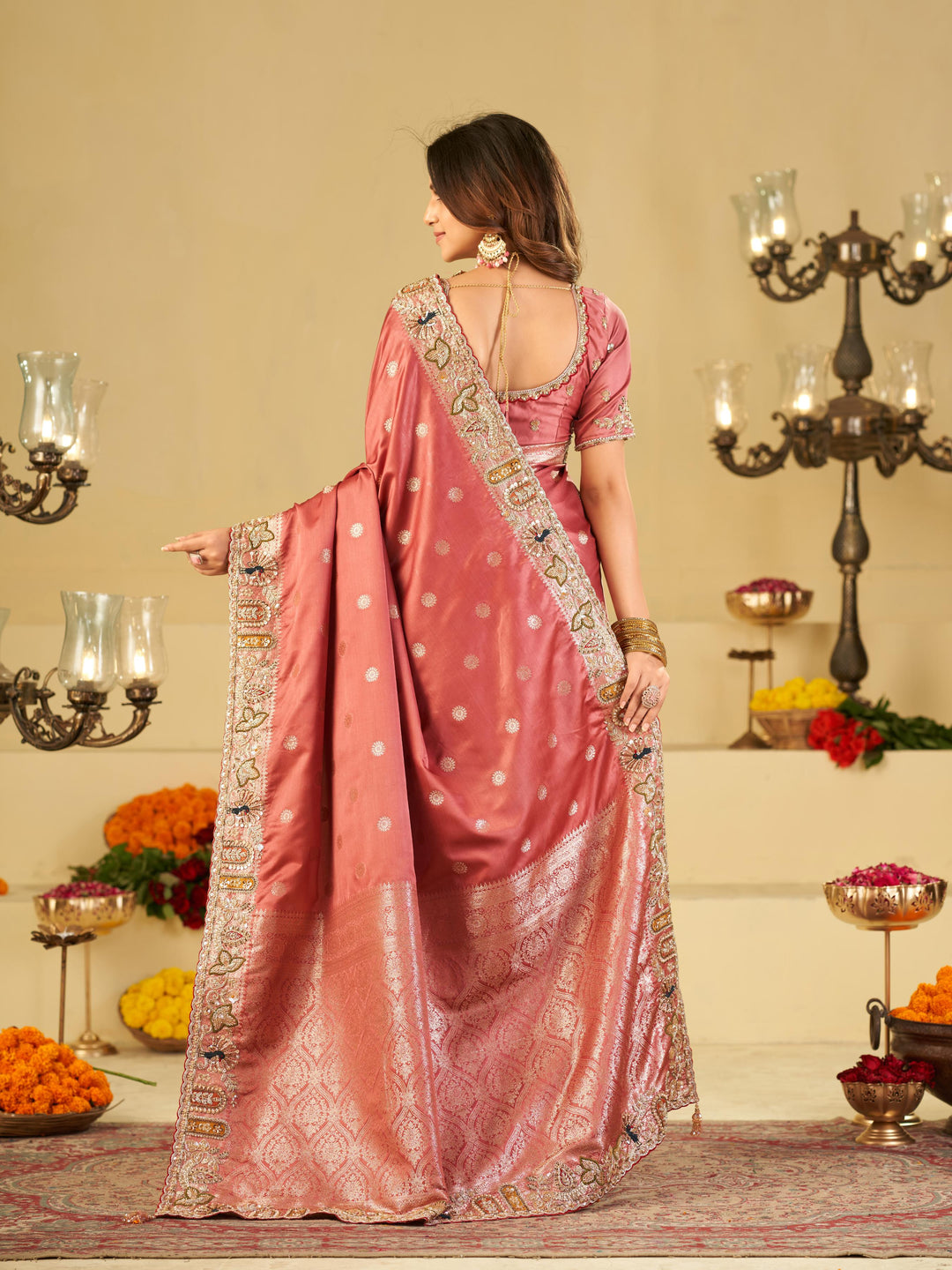 Rose Pink Banarasi Silk Saree with Floral Embroidered Border & Rich Zari Woven Pallu | Designer Wedding Festive Saree