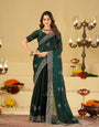 Bottle Green Fendy Satin Saree with White Floral Embroidery Border | Designer Party Wear Saree with Embroidered Blouse