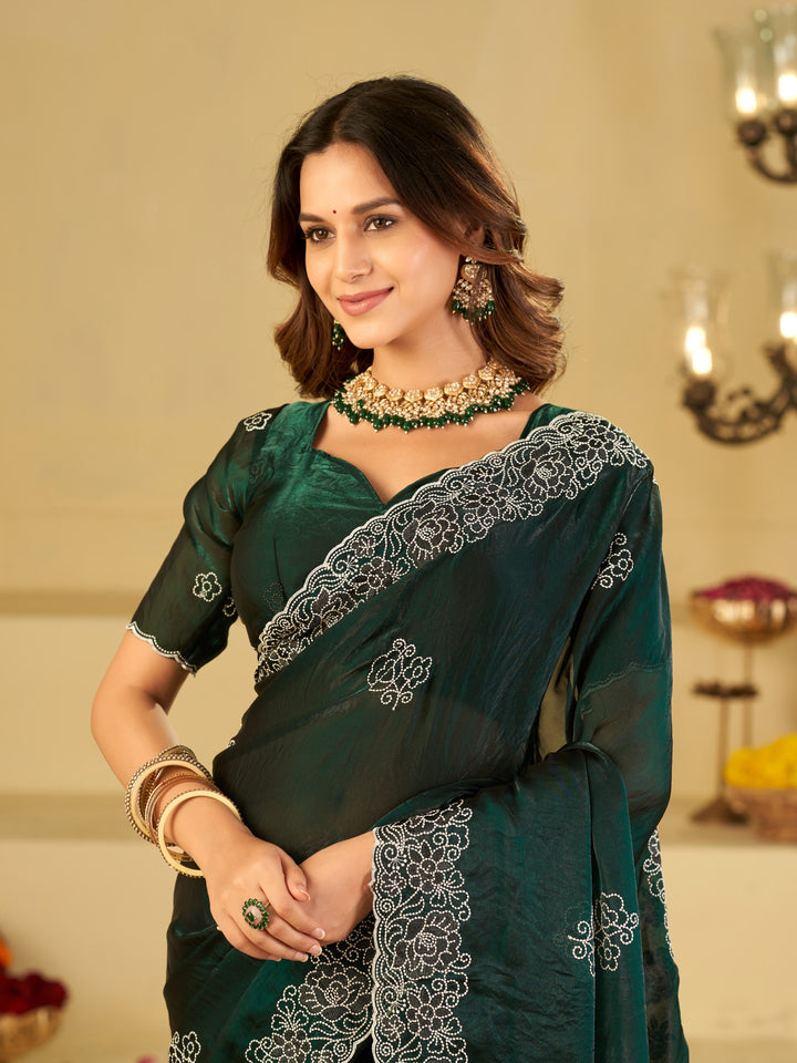 Bottle Green Fendy Satin Saree with White Floral Embroidery Border | Designer Party Wear Saree with Embroidered Blouse