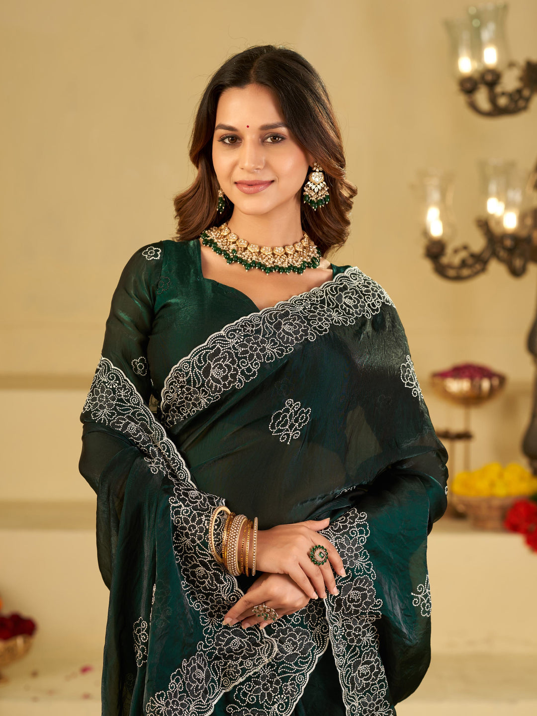Bottle Green Fendy Satin Saree with White Floral Embroidery Border | Designer Party Wear Saree with Embroidered Blouse