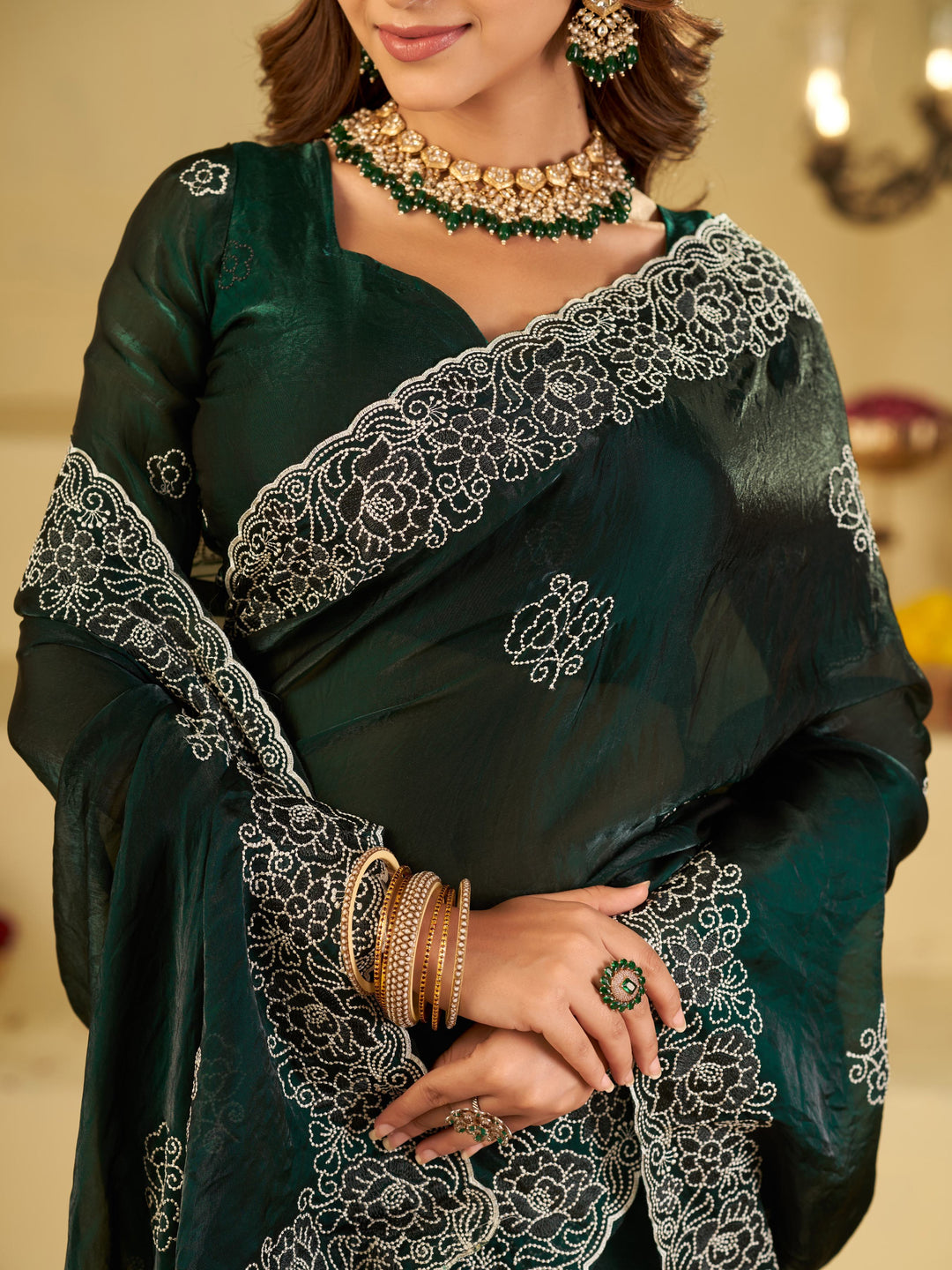 Bottle Green Fendy Satin Saree with White Floral Embroidery Border | Designer Party Wear Saree with Embroidered Blouse