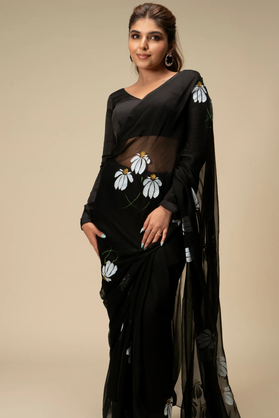 Black Chiffon Saree with White Floral Design | Lightweight Designer Saree with Blouse Piece