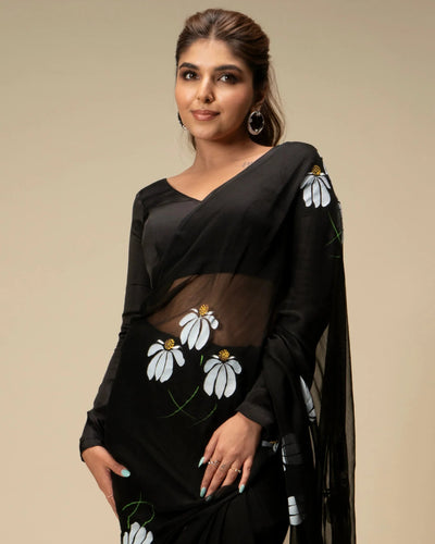 Black Hand-Painted Pure Georgette Saree with White Floral Motifs & Sequins | Modal Satin Blouse