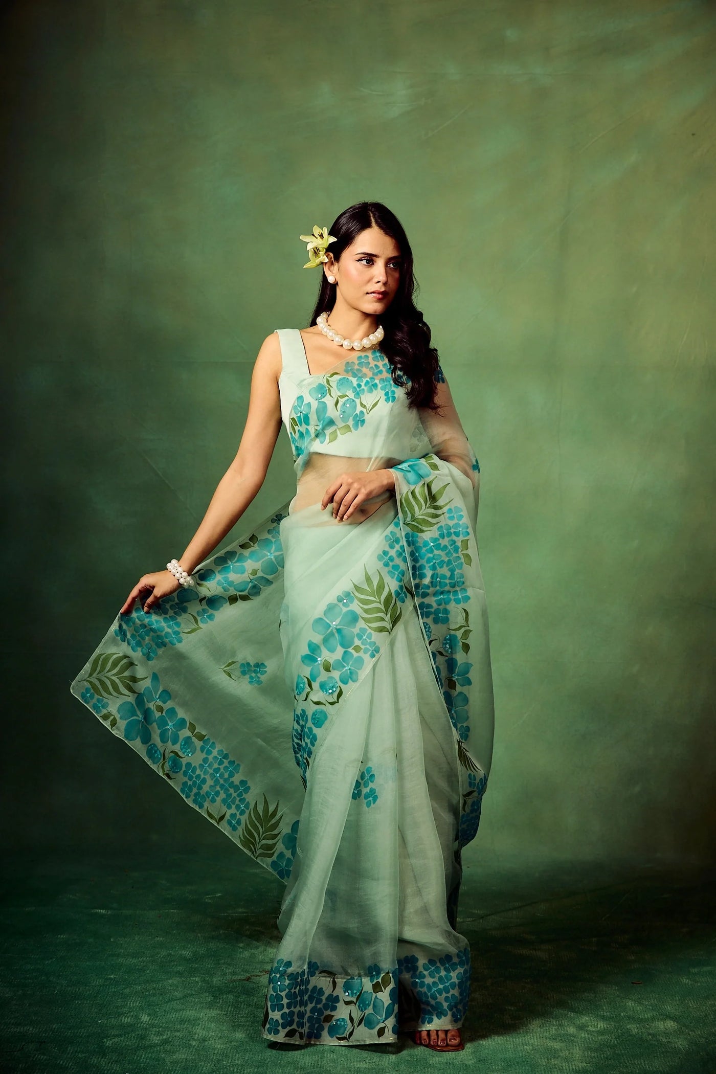 Sky Blue Pure Organza Hand-Painted Saree with White Floral Motifs & Sequins | Modal Satin Blouse