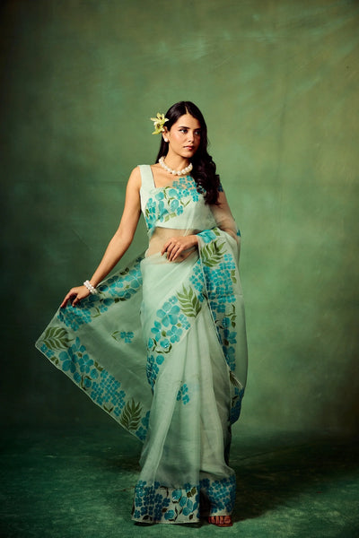 Sky Blue Pure Organza Hand-Painted Saree with White Floral Motifs & Sequins | Modal Satin Blouse