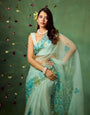 Sky Blue Pure Organza Hand-Painted Saree with White Floral Motifs & Sequins | Modal Satin Blouse