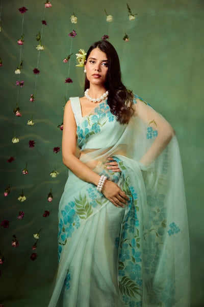 Sky Blue Pure Organza Hand-Painted Saree with White Floral Motifs & Sequins | Modal Satin Blouse