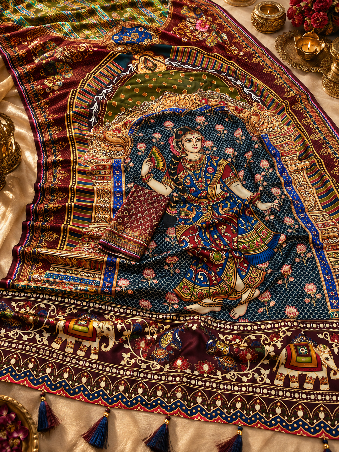 Rashmika Mandanna Trending Modal Silk Saree – Olive Green & Maroon Traditional Elephant Lotus Print with Designer Pallu & Tassels
