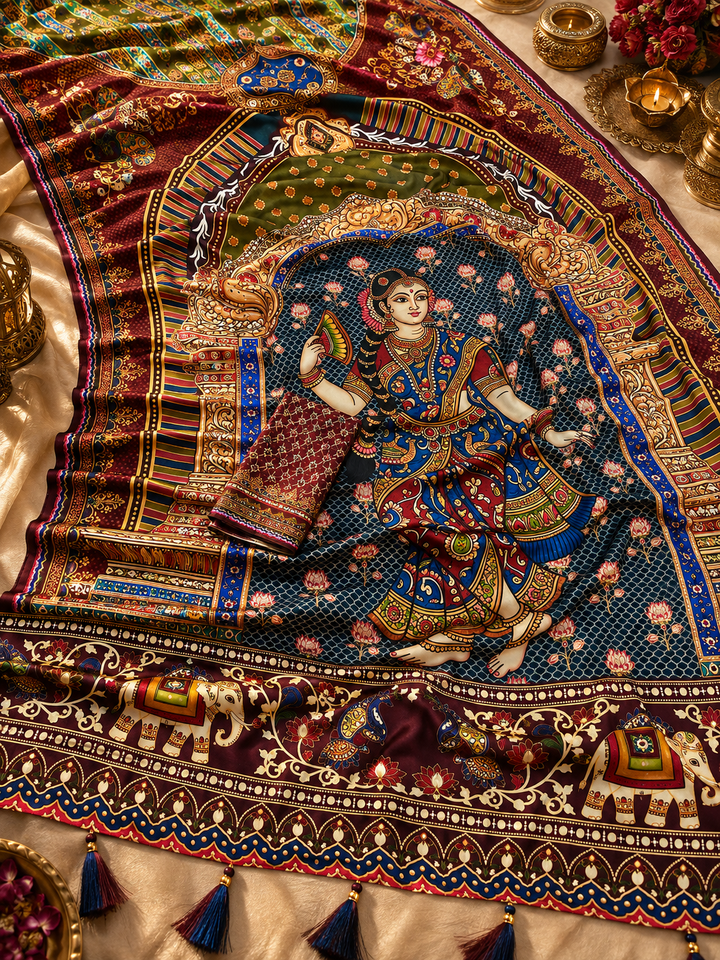 Rashmika Mandanna Trending Modal Silk Saree – Olive Green & Maroon Traditional Elephant Lotus Print with Designer Pallu & Tassels