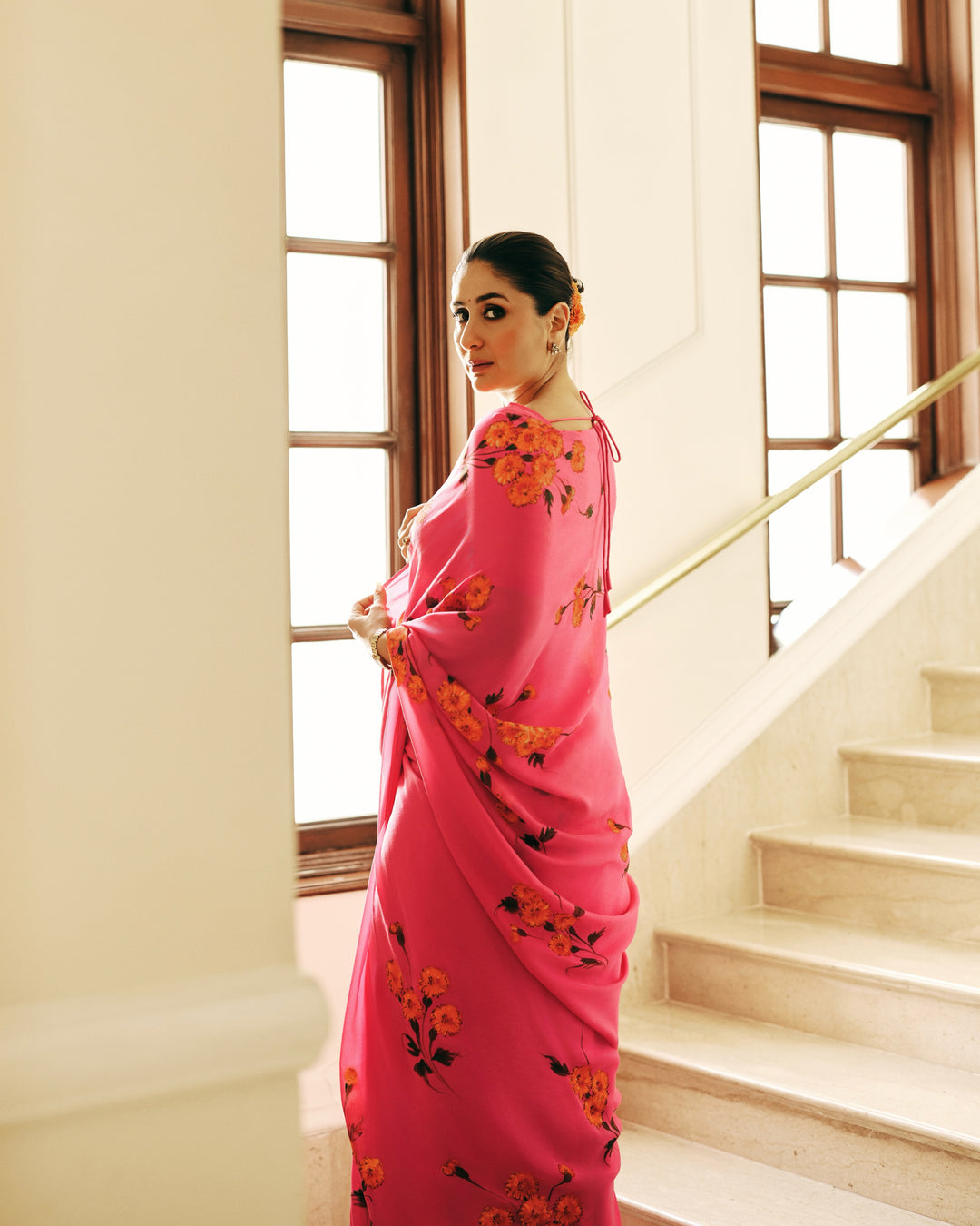 Kareena Kapoor-Inspired Rani Pink Floral Georgette Saree with Elegant Printed Pallu