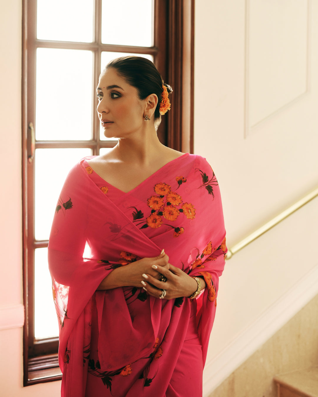 Kareena Kapoor-Inspired Rani Pink Floral Georgette Saree with Elegant Printed Pallu
