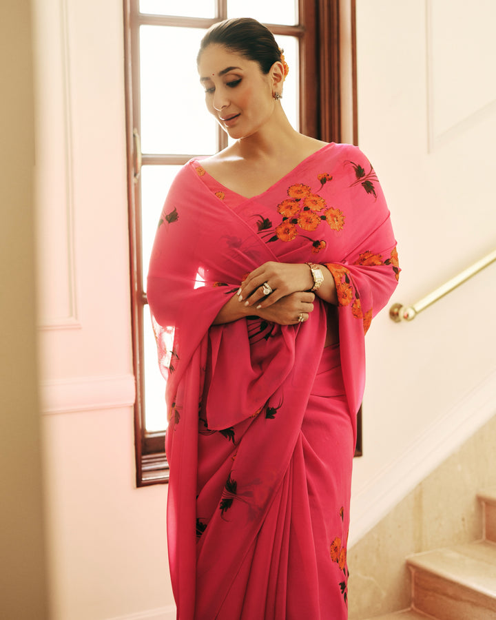 Kareena Kapoor-Inspired Rani Pink Floral Georgette Saree with Elegant Printed Pallu