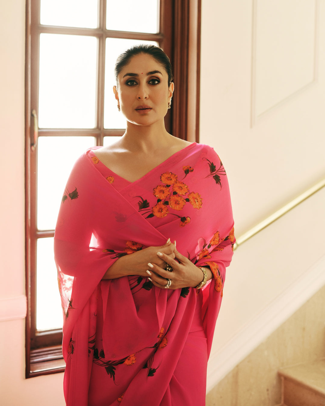 Kareena Kapoor-Inspired Rani Pink Floral Georgette Saree with Elegant Printed Pallu